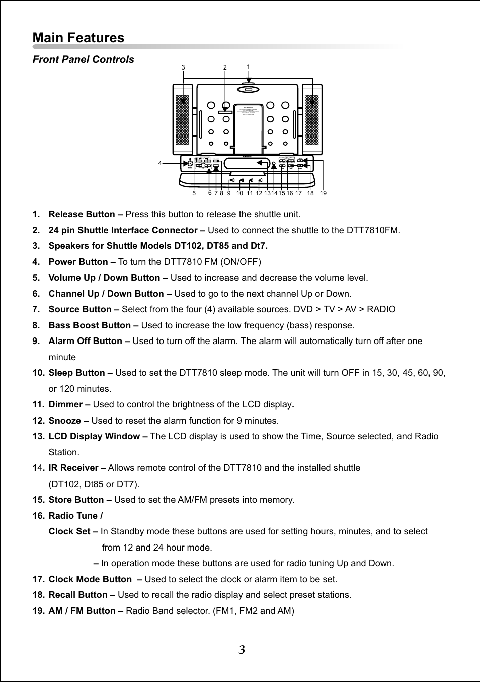 Main features, Front panel controls | Audiovox Video DTT7810FM User Manual | Page 5 / 18