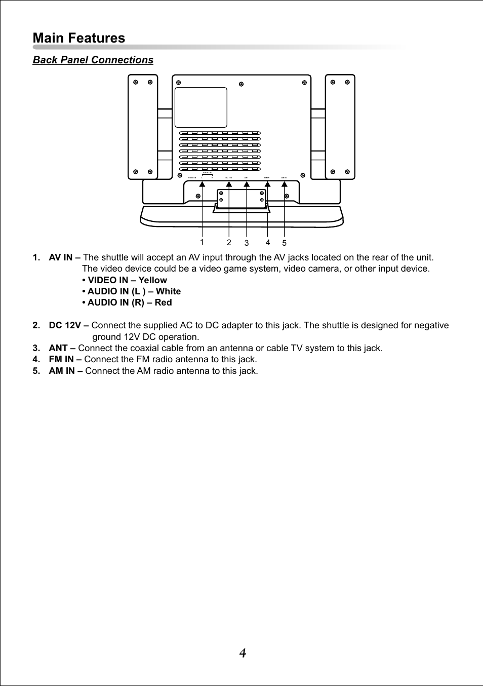 Main features, Back panel connections | Audiovox Video DTT7810FM User Manual | Page 6 / 18