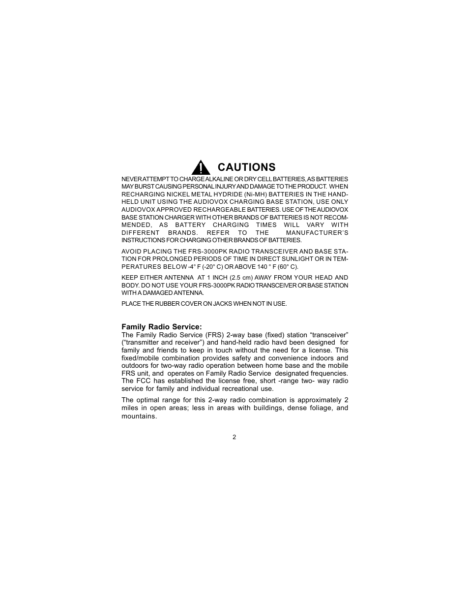 Cautions | Audiovox FRS-3000PK User Manual | Page 2 / 28