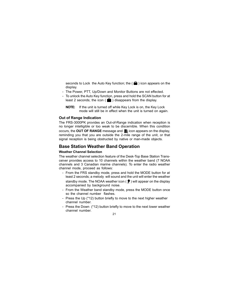 Base station weather band operation | Audiovox FRS-3000PK User Manual | Page 21 / 28