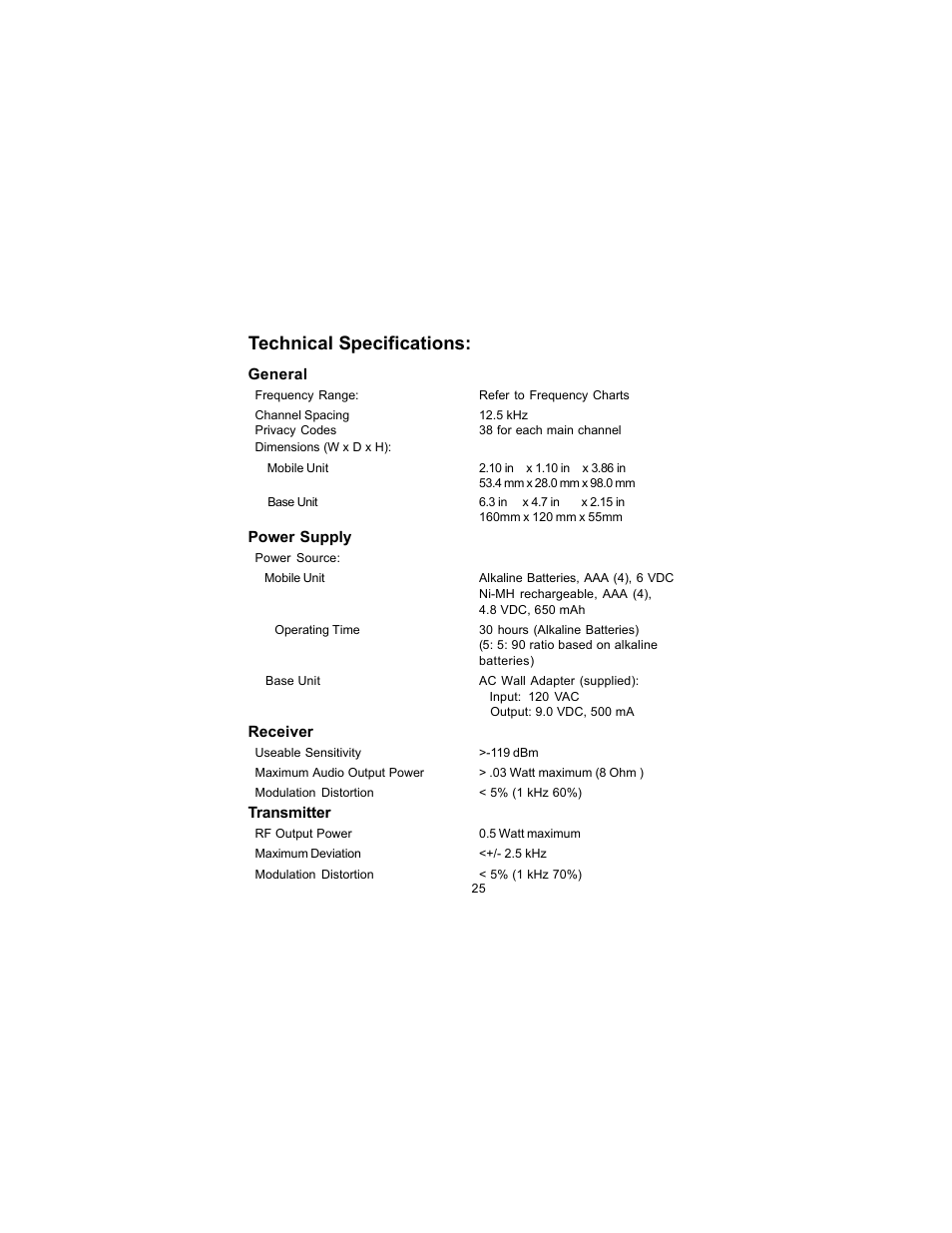 Technical specifications | Audiovox FRS-3000PK User Manual | Page 25 / 28