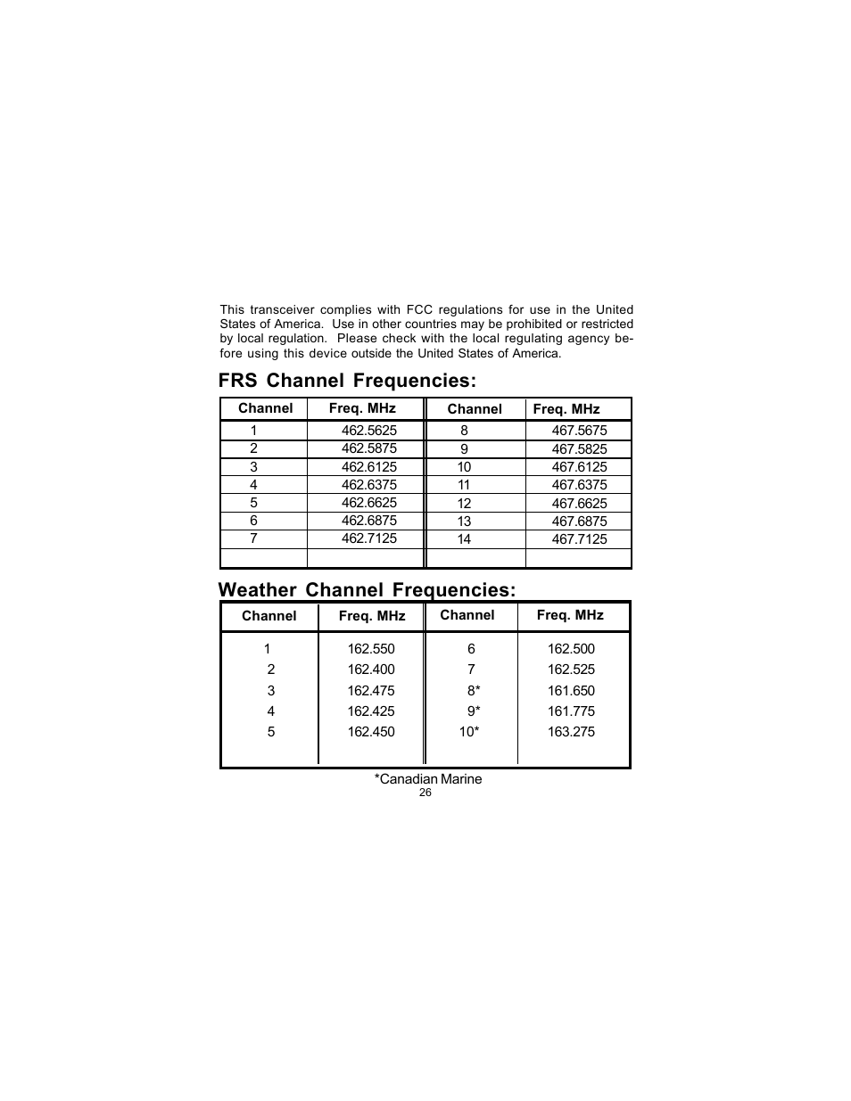 Frs channel frequencies, Weather channel frequencies | Audiovox FRS-3000PK User Manual | Page 26 / 28
