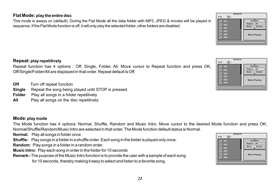 21 flat mode, Repeat, Mode | Play the entire disc | Audiovox Mobile Video VOD128A User Manual | Page 21 / 36