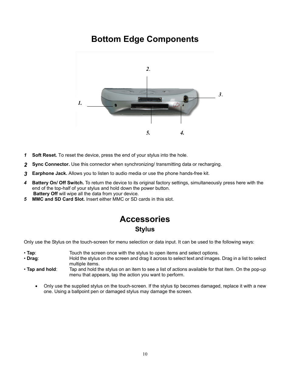 Bottom edge components, Accessories, Bottom edge components accessories | Stylus | Audiovox Pocket PC Phone User Manual | Page 10 / 113