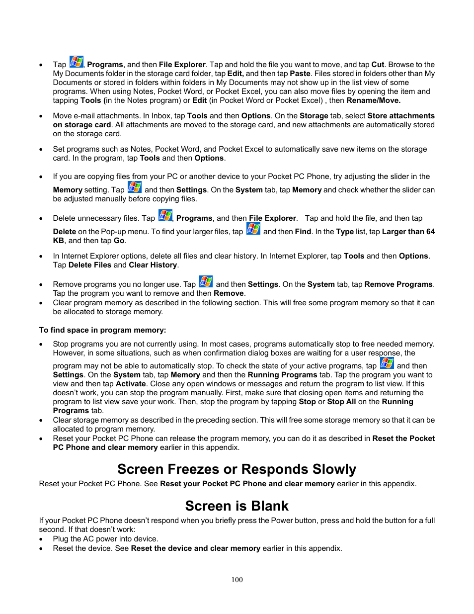 To find space in program memory, Screen freezes or responds slowly, Screen is blank | Finding space in program memory, Screen freezes or responds slowly screen is blank | Audiovox Pocket PC Phone User Manual | Page 100 / 113