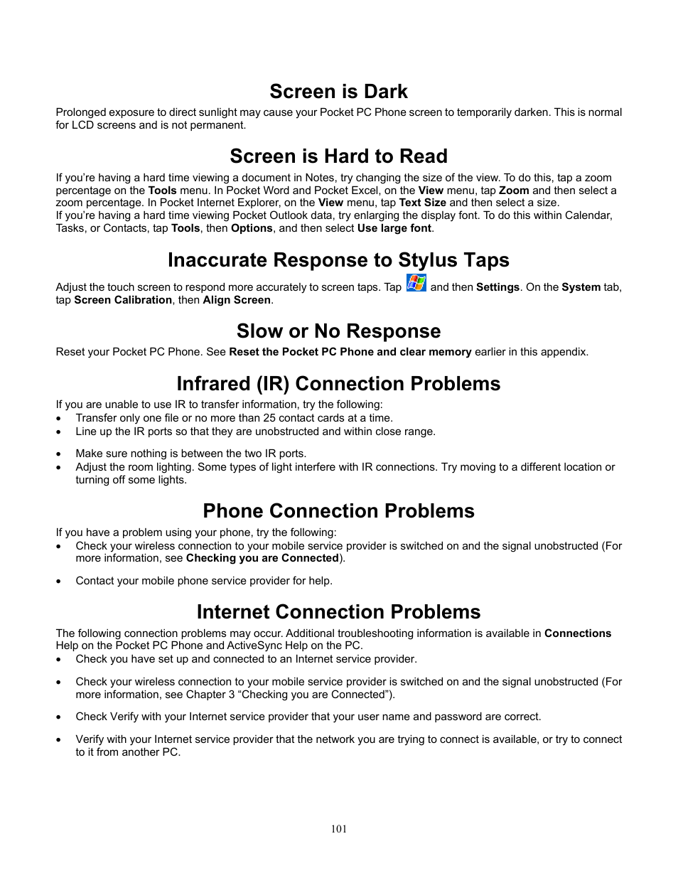 Screen is dark, Screen is hard to read, Inaccurate response to stylus taps | Slow or no response, Infrared (ir) connection problems, Phone connection problems, Internet connection problems | Audiovox Pocket PC Phone User Manual | Page 101 / 113