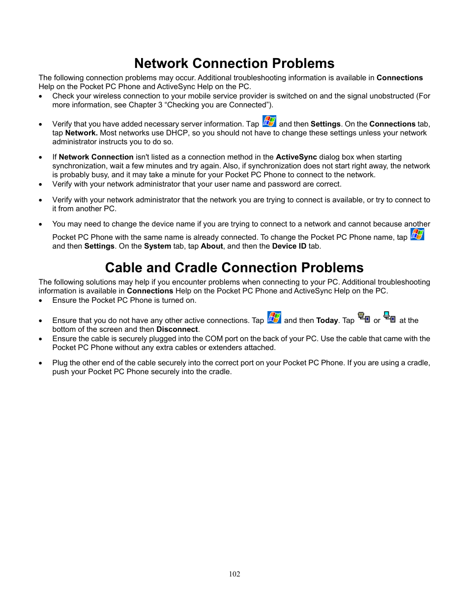 Network connection problems, Cable and cradle connection problems | Audiovox Pocket PC Phone User Manual | Page 102 / 113