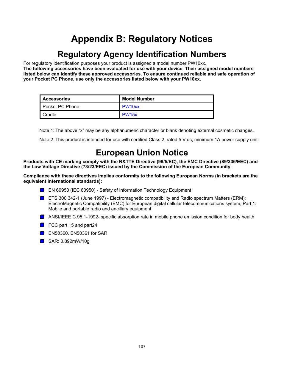 Appendix b: regulatory notices, Regulatory agency identification numbers, European union notice | Audiovox Pocket PC Phone User Manual | Page 103 / 113