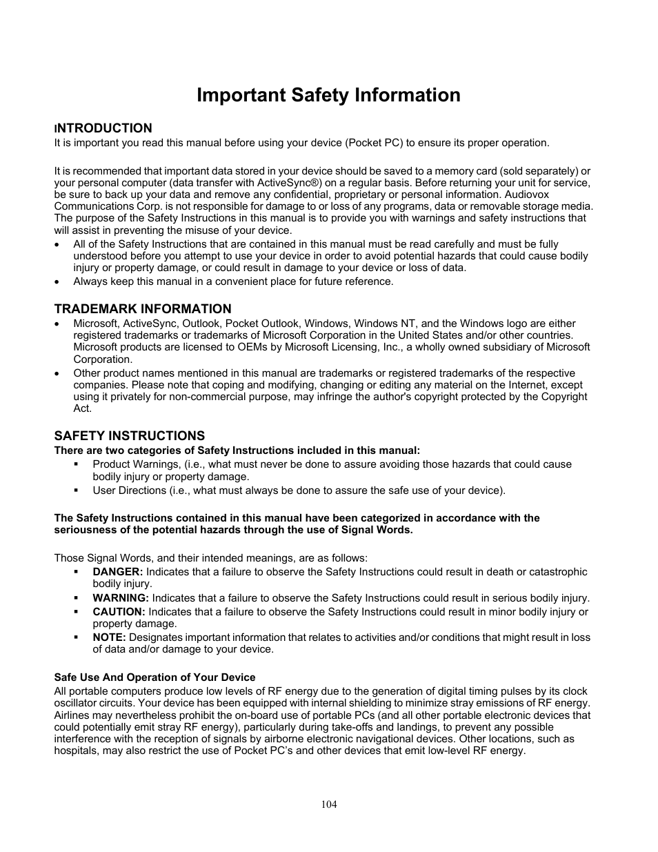 Important safety information | Audiovox Pocket PC Phone User Manual | Page 104 / 113