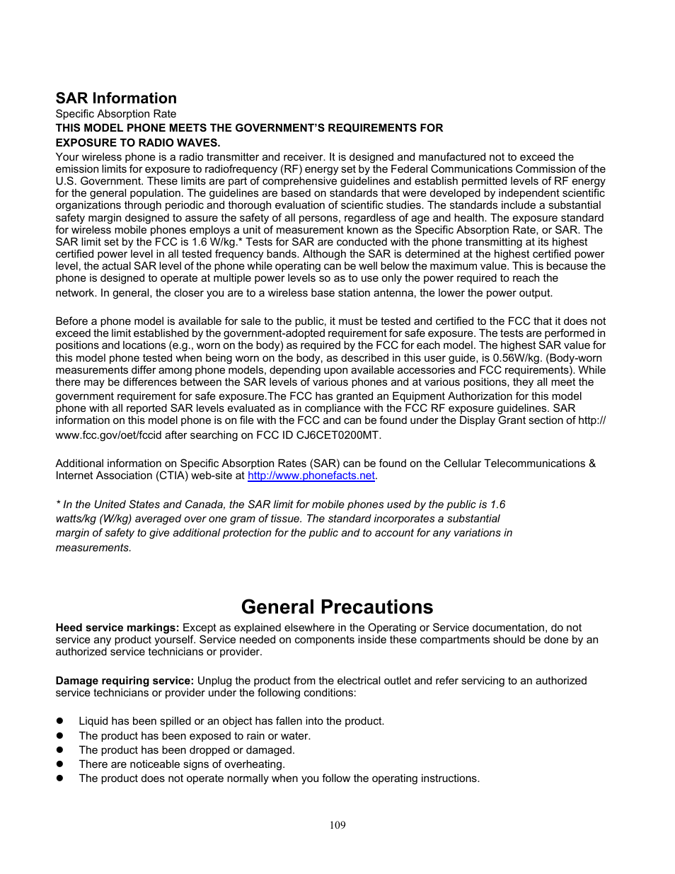 General precautions, Sar information | Audiovox Pocket PC Phone User Manual | Page 109 / 113