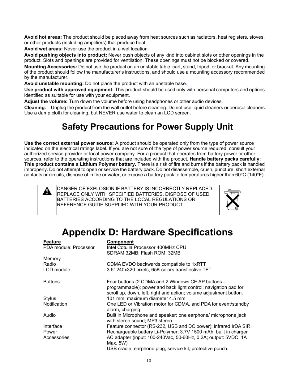 Safety precautions for power supply unit, Appendix d: hardware specifications | Audiovox Pocket PC Phone User Manual | Page 110 / 113