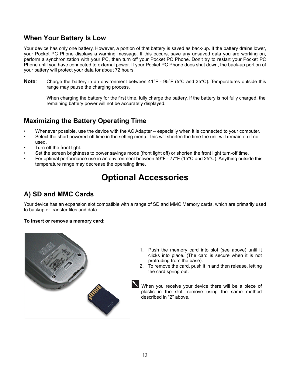 When your battery is low, Maximizing the battery operating time, Optional accessories | A) sd and mmc cards, To insert or remove a memory card, Inserting or removing a memory card | Audiovox Pocket PC Phone User Manual | Page 13 / 113