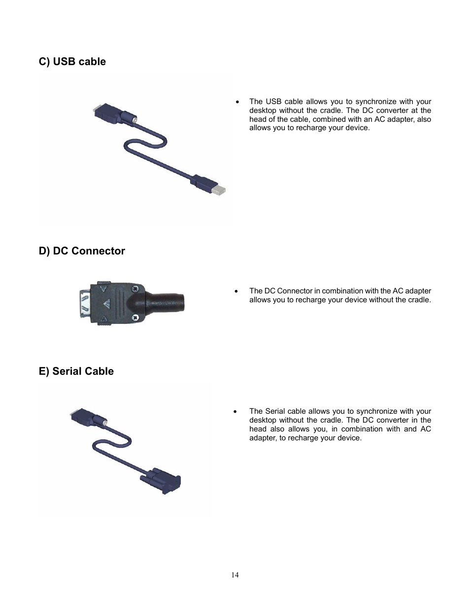 C) usb cable, D) dc connector, E) serial cable | Audiovox Pocket PC Phone User Manual | Page 14 / 113