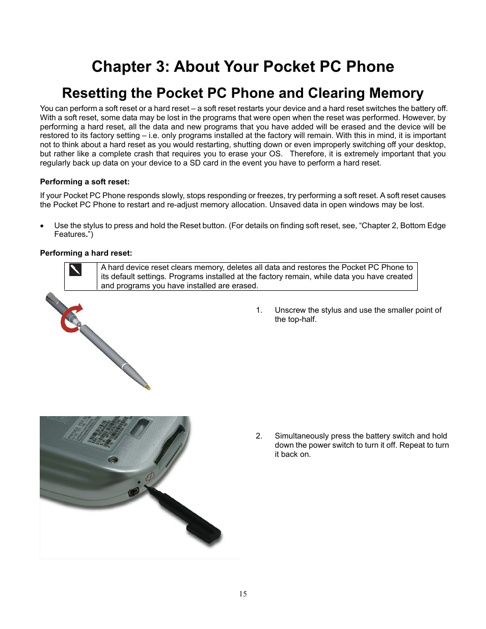 Resetting the pocket pc phone and clearing memory, Performing a soft reset, Performing a hard reset | Chapter 3:about your pocket pc phone, Perform a soft reset, Chapter 3: about your pocket pc phone | Audiovox Pocket PC Phone User Manual | Page 15 / 113