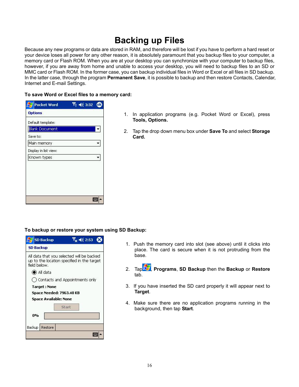 Backing up files, To save word or excel files to a memory card, To backup or restore your system using sd backup | Saving word or excel files to a memory card | Audiovox Pocket PC Phone User Manual | Page 16 / 113