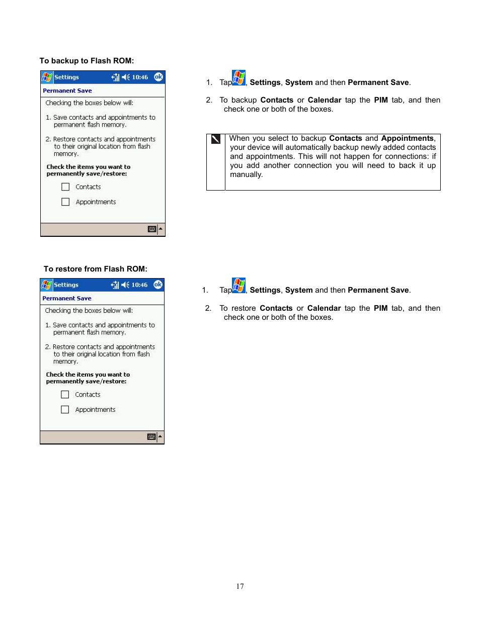 To backup to flash rom, To restore from flash rom, Backing up to flashrom | Restoring from flashrom | Audiovox Pocket PC Phone User Manual | Page 17 / 113