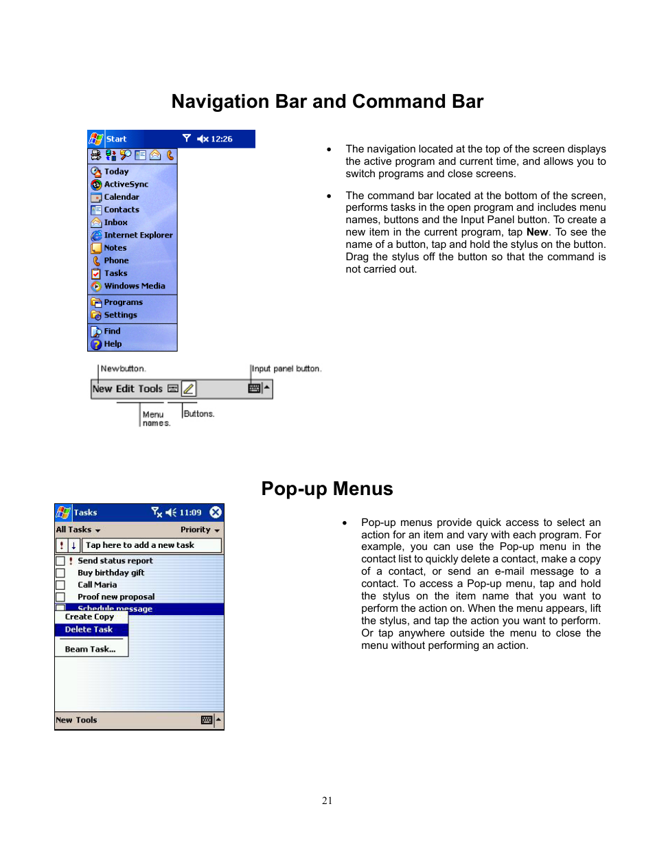 Navigation bar and command bar, Pop-up menus, Navigation bar and command bar pop-up menus | Audiovox Pocket PC Phone User Manual | Page 21 / 113