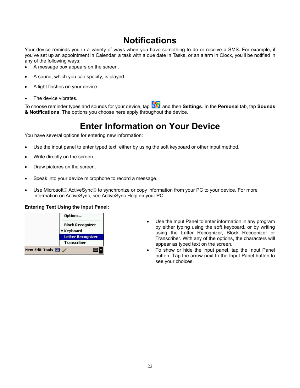 Notifications, Enter information on your device, Entering text using the input panel | Notifications enter information on your device | Audiovox Pocket PC Phone User Manual | Page 22 / 113