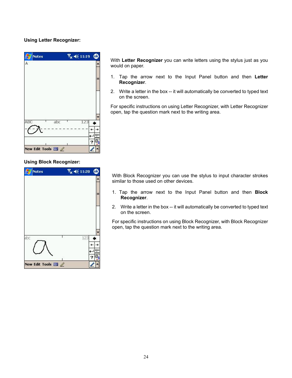 Using letter recognizer, Using block recognizer | Audiovox Pocket PC Phone User Manual | Page 24 / 113
