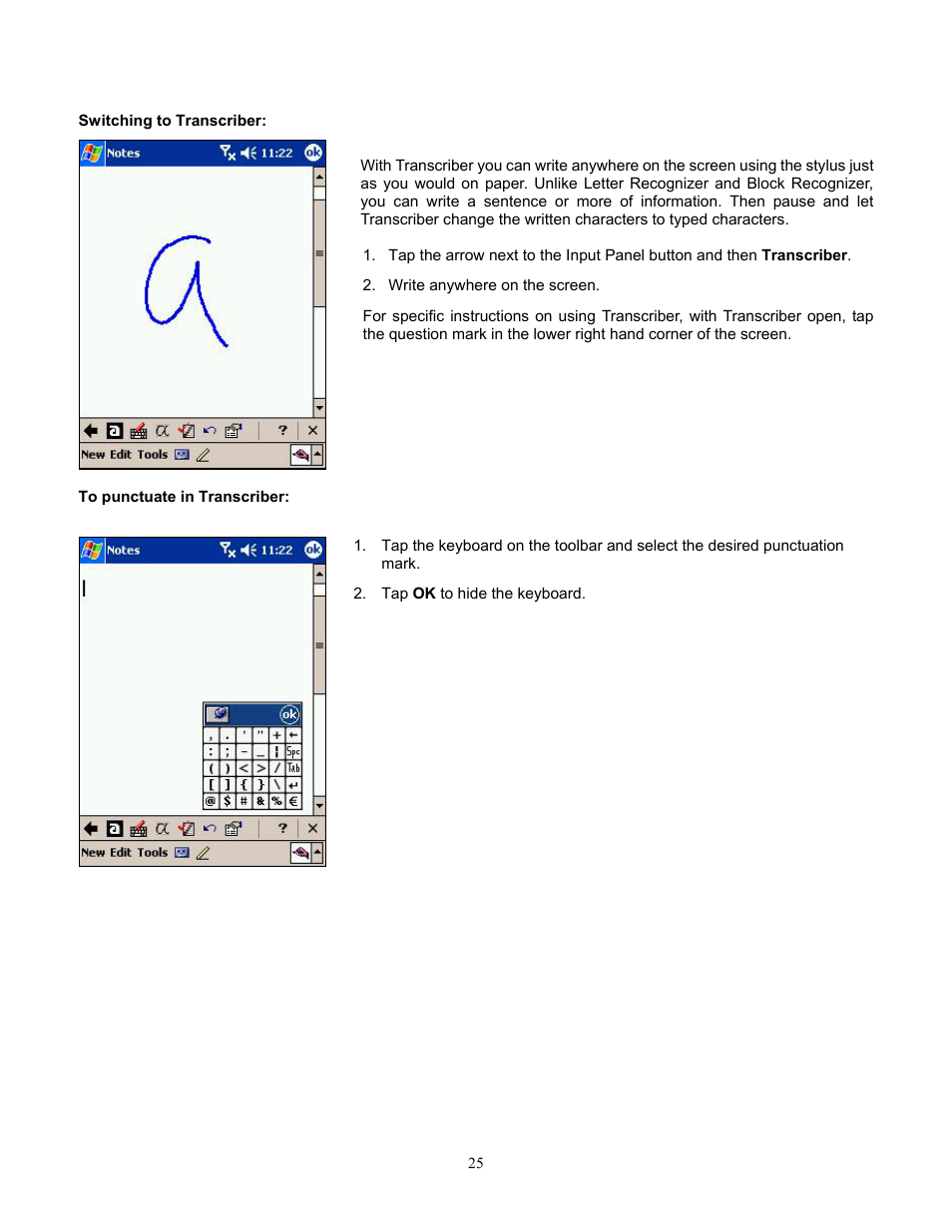 Switching to transcriber, To punctuate in transcriber, Punctuating in transcriber | Audiovox Pocket PC Phone User Manual | Page 25 / 113