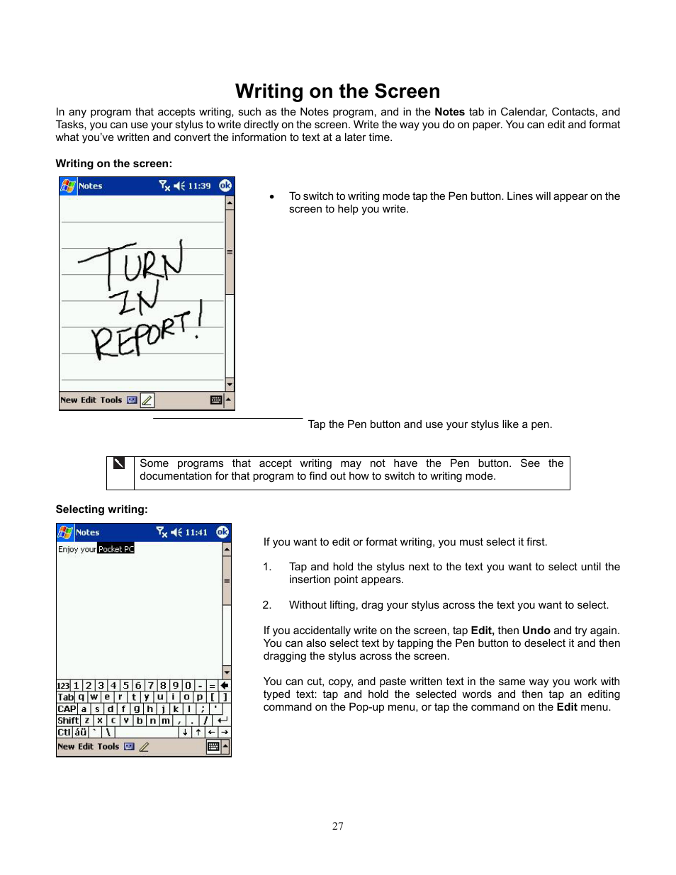 Writing on the screen, Selecting writing | Audiovox Pocket PC Phone User Manual | Page 27 / 113