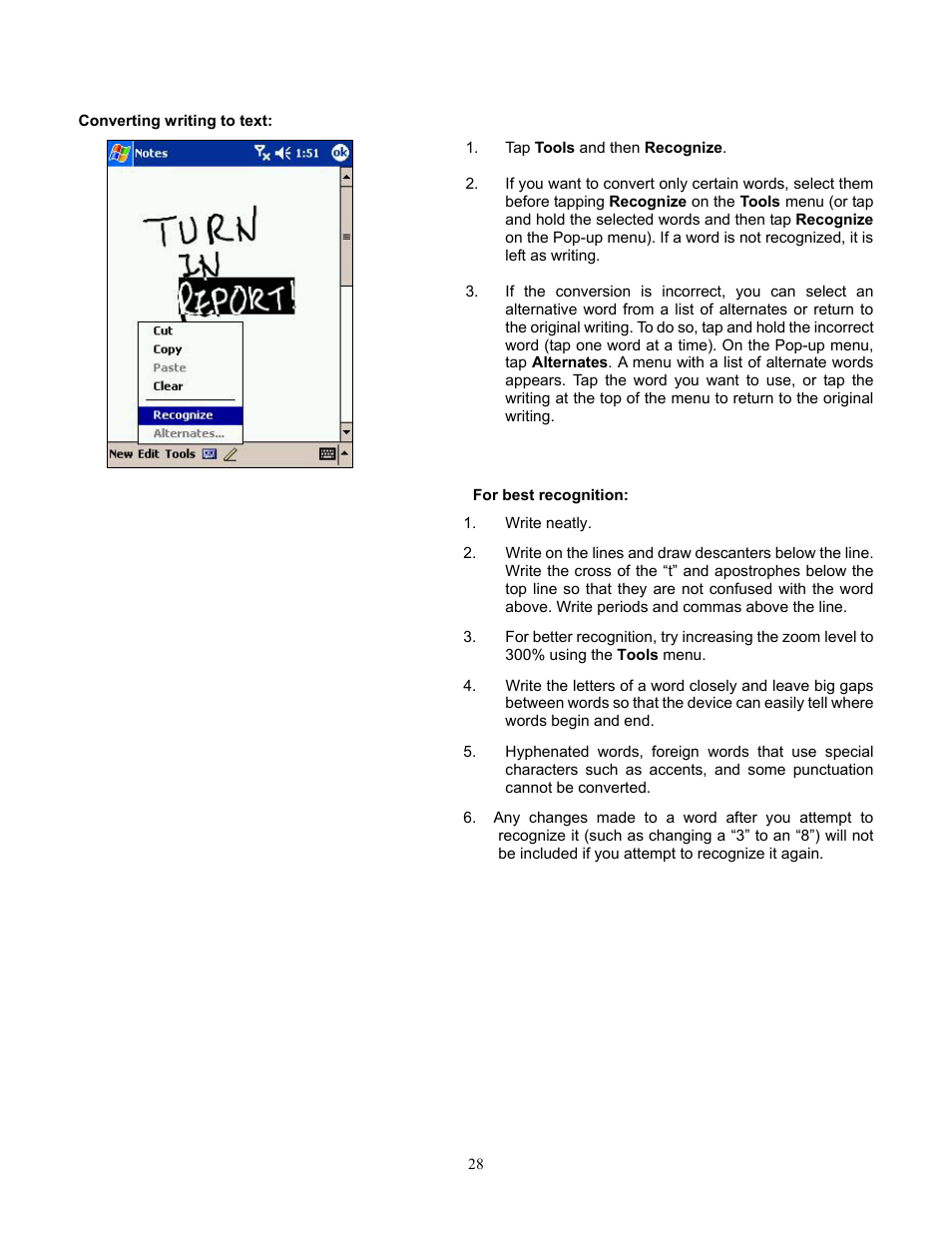 Converting writing to text, For best recognition | Audiovox Pocket PC Phone User Manual | Page 28 / 113