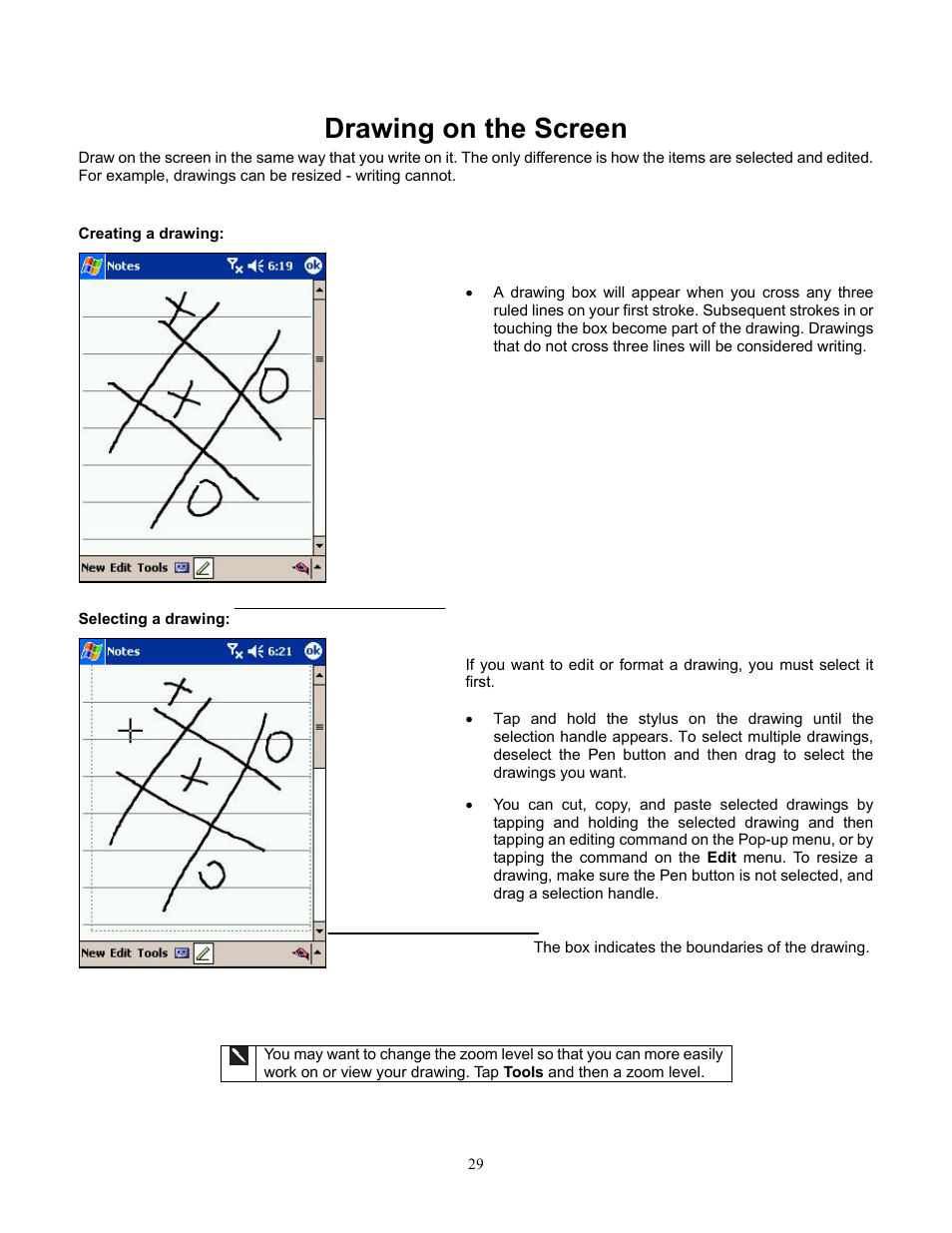 Drawing on the screen, Creating a drawing, Selecting a drawing | Audiovox Pocket PC Phone User Manual | Page 29 / 113