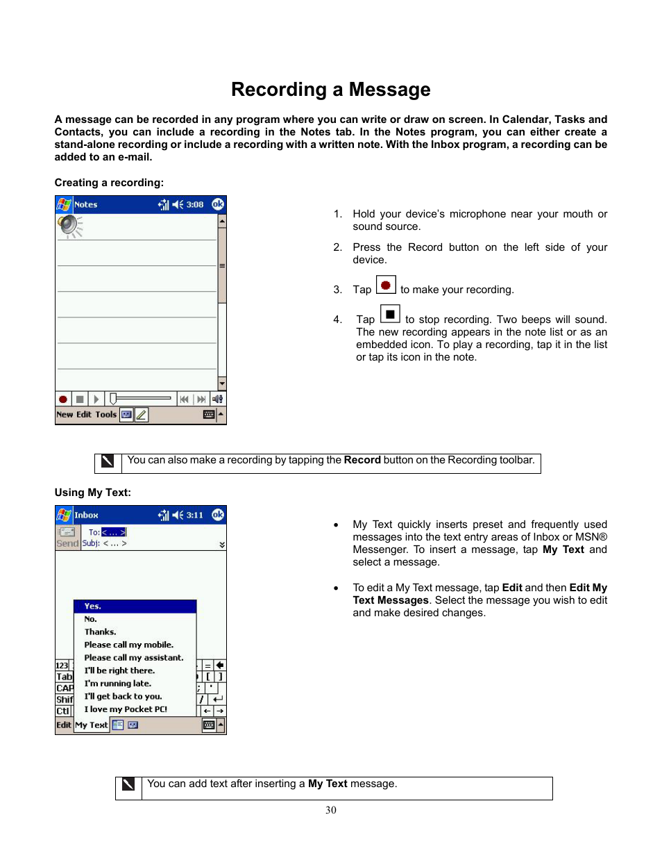 Recording a message, Creating a recording, Using my text | Audiovox Pocket PC Phone User Manual | Page 30 / 113