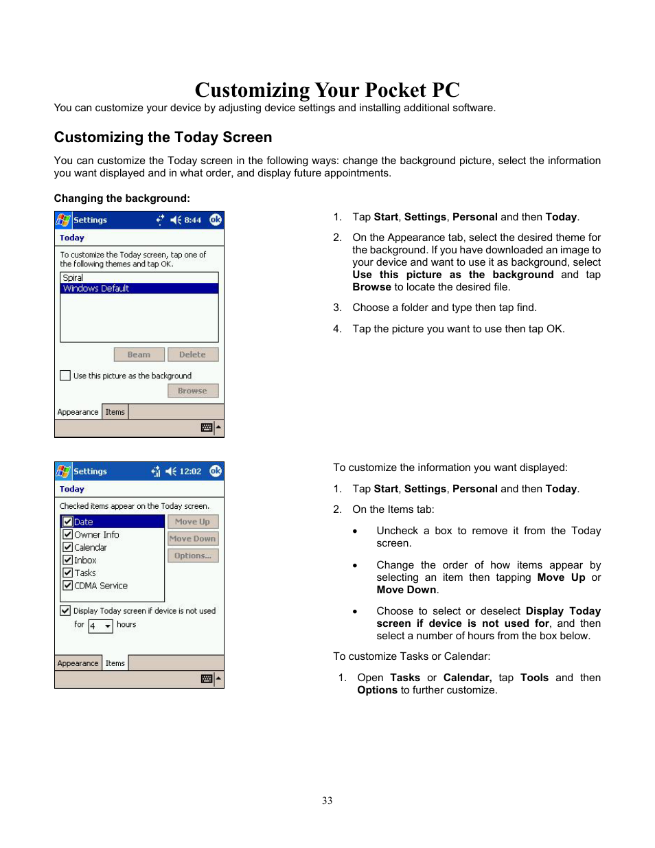 Customizing the today screen, Changing the background, Customizing your pocket pc | Audiovox Pocket PC Phone User Manual | Page 33 / 113