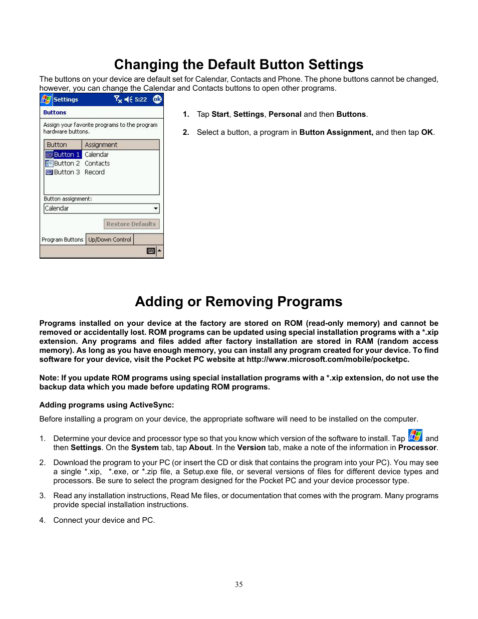 Changing the default button settings, Adding or removing programs, Adding programs using activesync | Audiovox Pocket PC Phone User Manual | Page 35 / 113