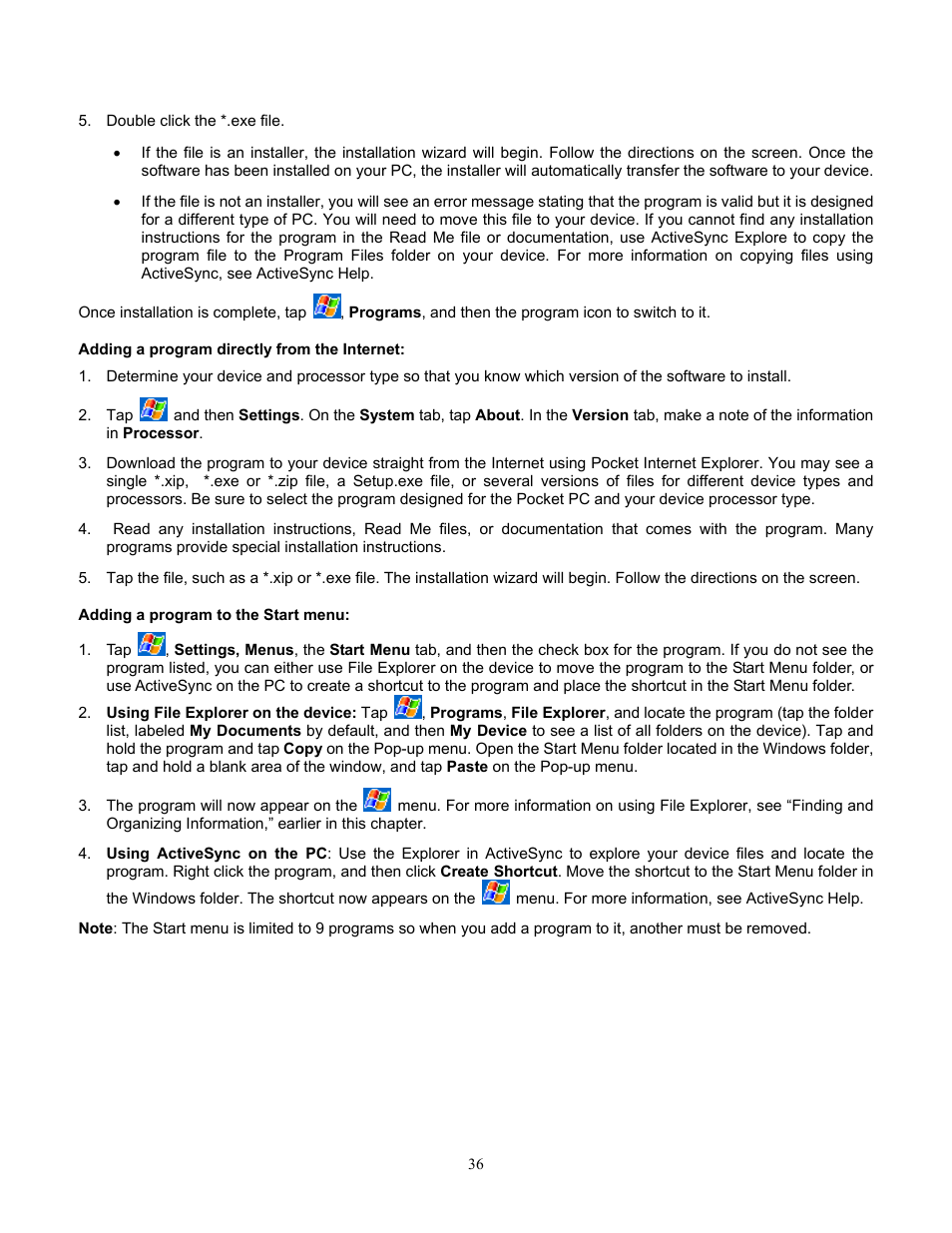 Adding a program directly from the internet, Adding a program to the start menu | Audiovox Pocket PC Phone User Manual | Page 36 / 113