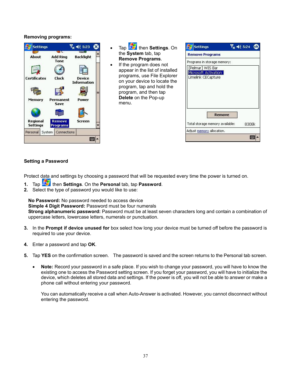 Removing programs, Setting a password | Audiovox Pocket PC Phone User Manual | Page 37 / 113