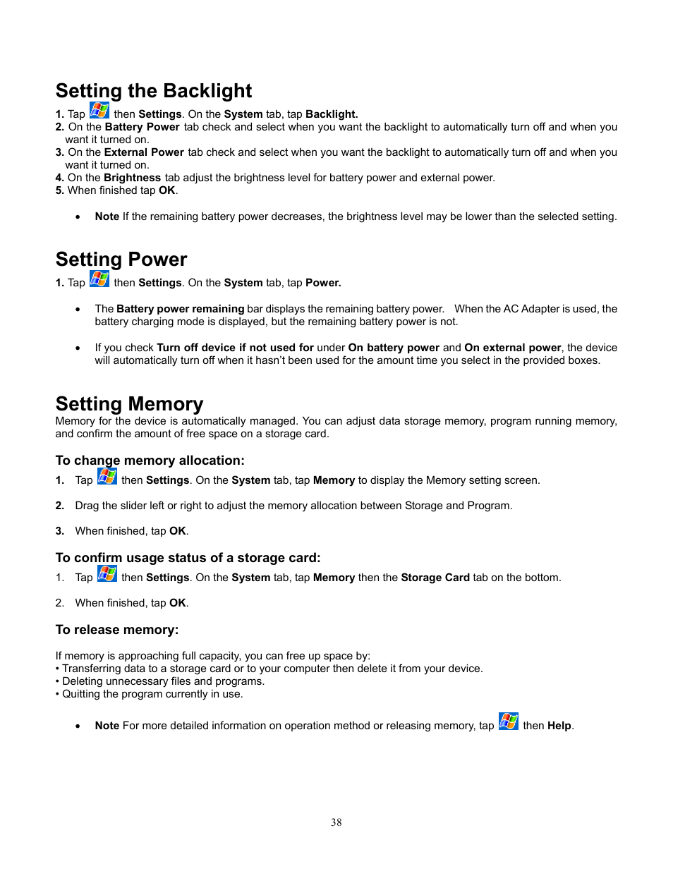 Setting the backlight, Setting power | Audiovox Pocket PC Phone User Manual | Page 38 / 113