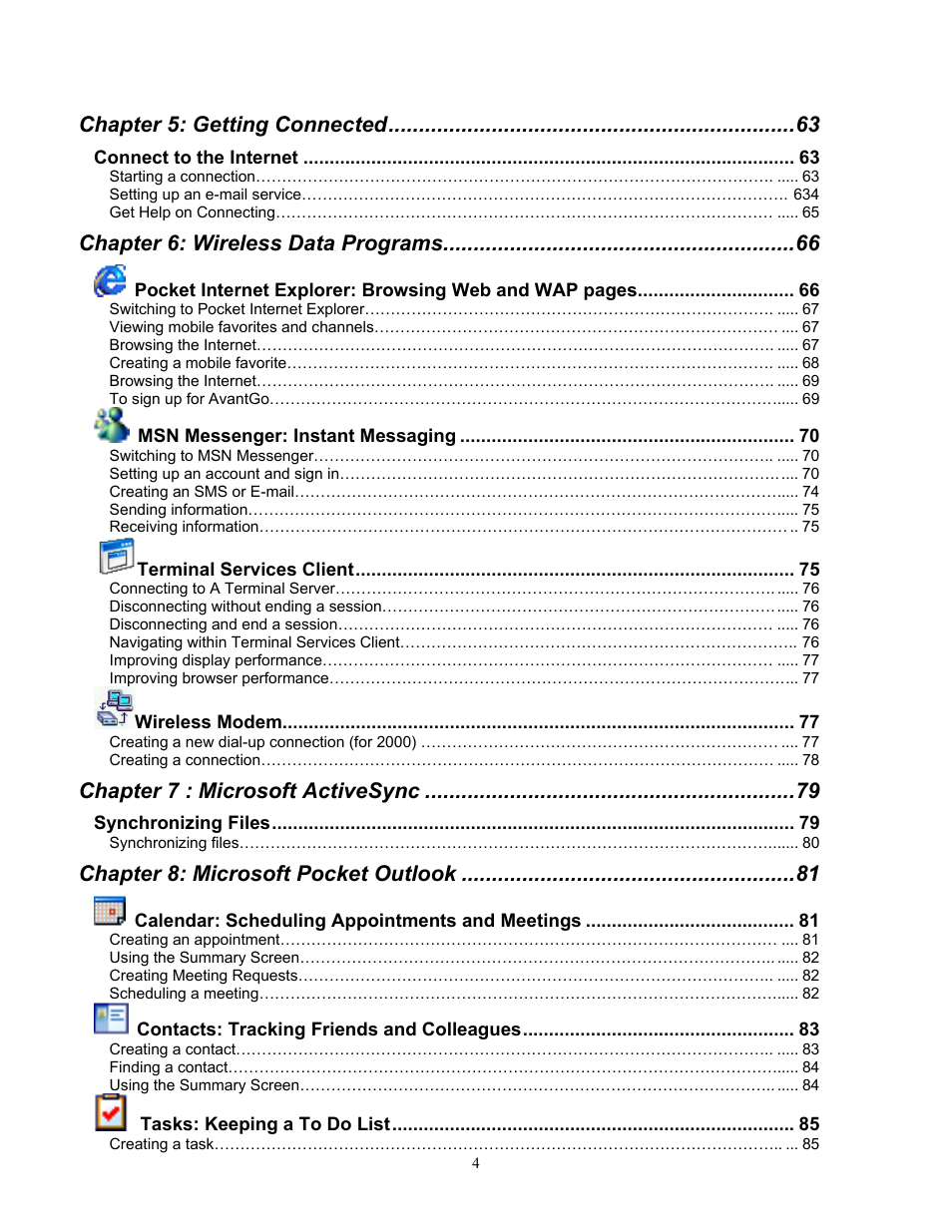 Chapter 5: getting connected, Chapter 6: wireless data programs, Chapter 7 : microsoft activesync | Chapter 8: microsoft pocket outlook | Audiovox Pocket PC Phone User Manual | Page 4 / 113