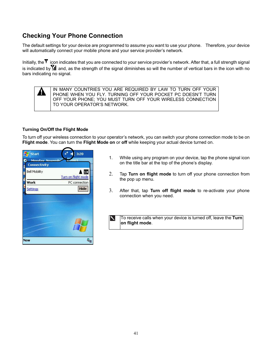 Checking your phone connection, Turning on/off the flight mode, Turn on/off the flight mode | Audiovox Pocket PC Phone User Manual | Page 41 / 113