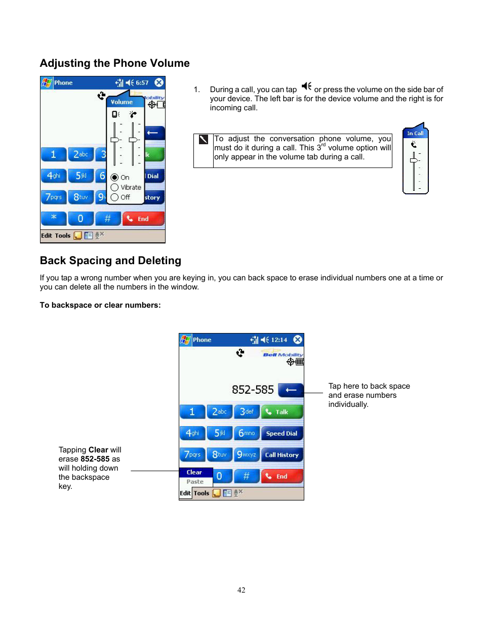Adjusting the phone volume, Back spacing and deleting, To backspace or clear numbers | To back space over numbers or clear | Audiovox Pocket PC Phone User Manual | Page 42 / 113