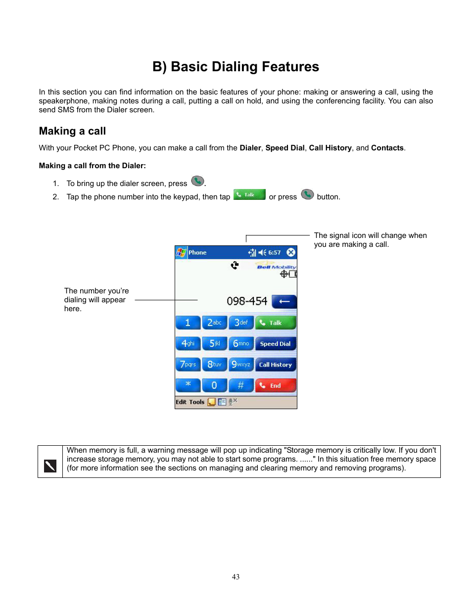 B) basic dialing features, Making a call, Making a call from the dialer | Audiovox Pocket PC Phone User Manual | Page 43 / 113