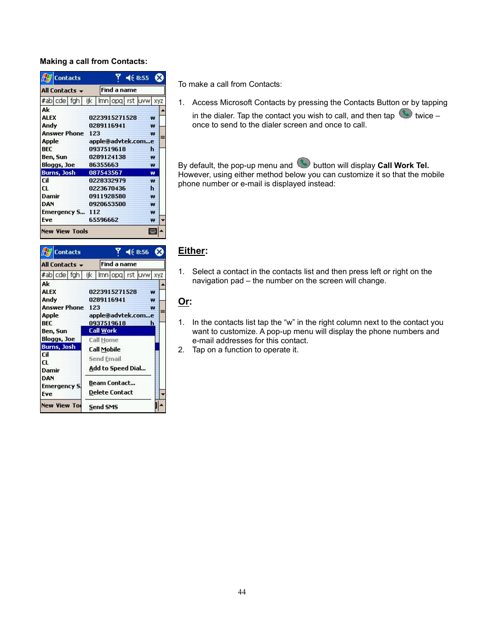 Making a call from contacts | Audiovox Pocket PC Phone User Manual | Page 44 / 113