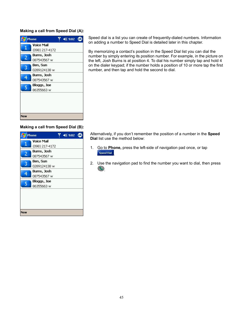 Making a call from speed dial (a), Making a call from speed dial (b) | Audiovox Pocket PC Phone User Manual | Page 45 / 113