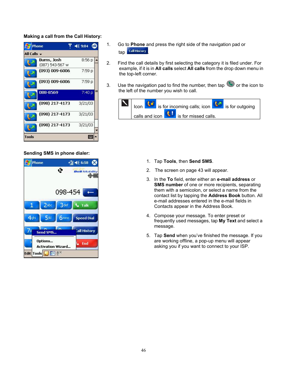 Making a call from the call history, Sending sms in phone dialer | Audiovox Pocket PC Phone User Manual | Page 46 / 113