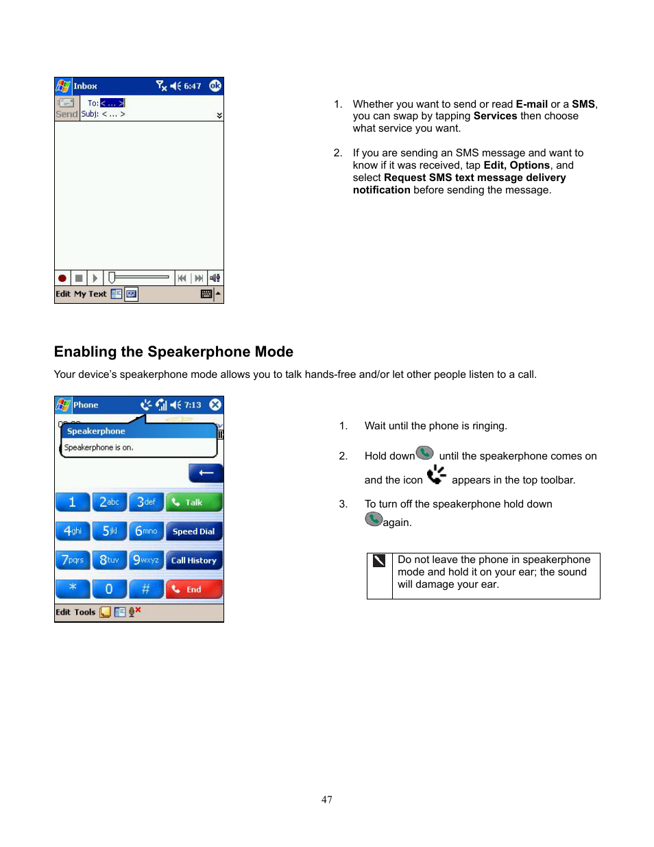 Enabling the speakerphone mode | Audiovox Pocket PC Phone User Manual | Page 47 / 113