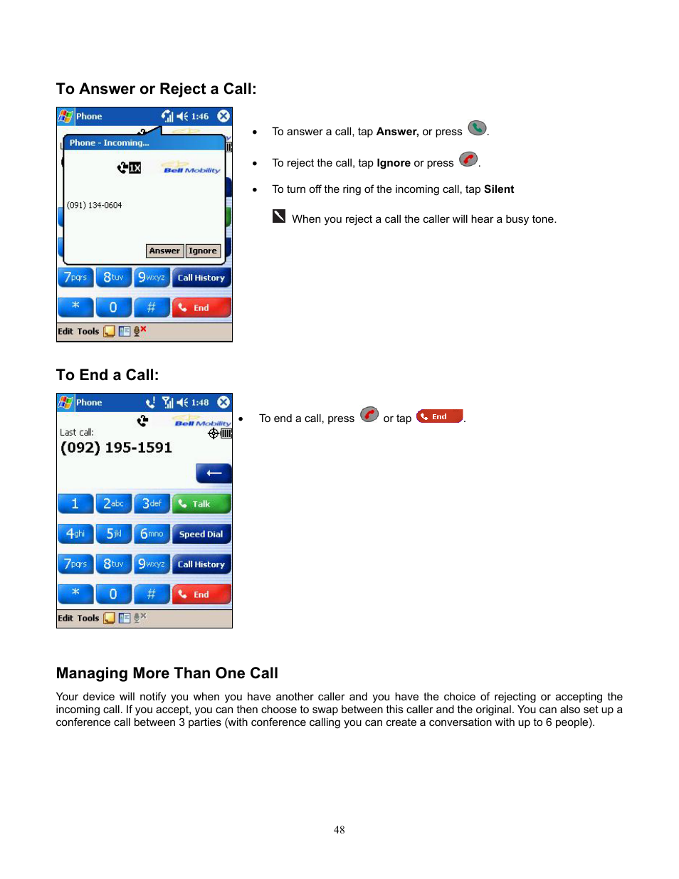 To answer or reject a call, To end a call, Managing more than one call | Audiovox Pocket PC Phone User Manual | Page 48 / 113