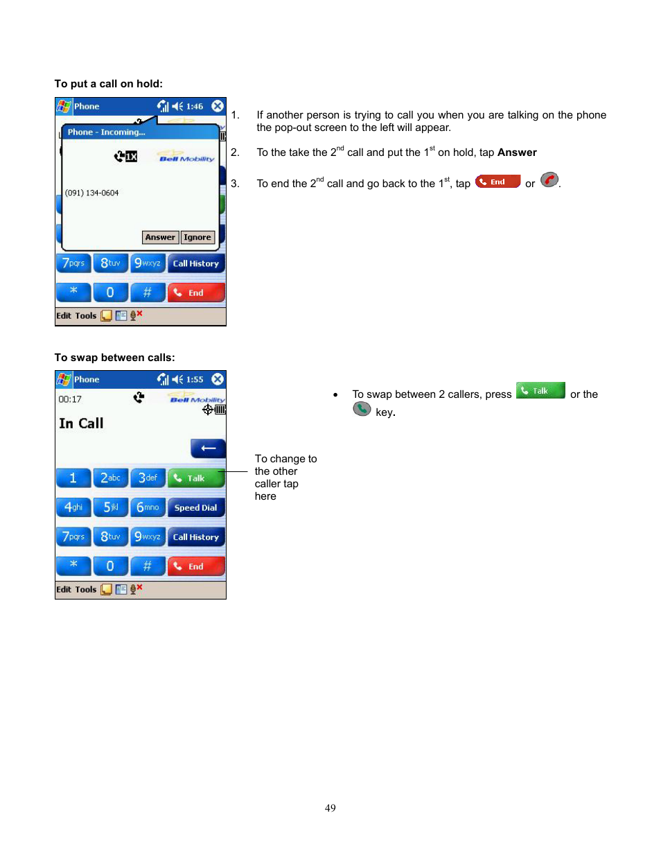 To put a call on hold, To swap between calls, Putting a call on hold | Swapping between calls | Audiovox Pocket PC Phone User Manual | Page 49 / 113