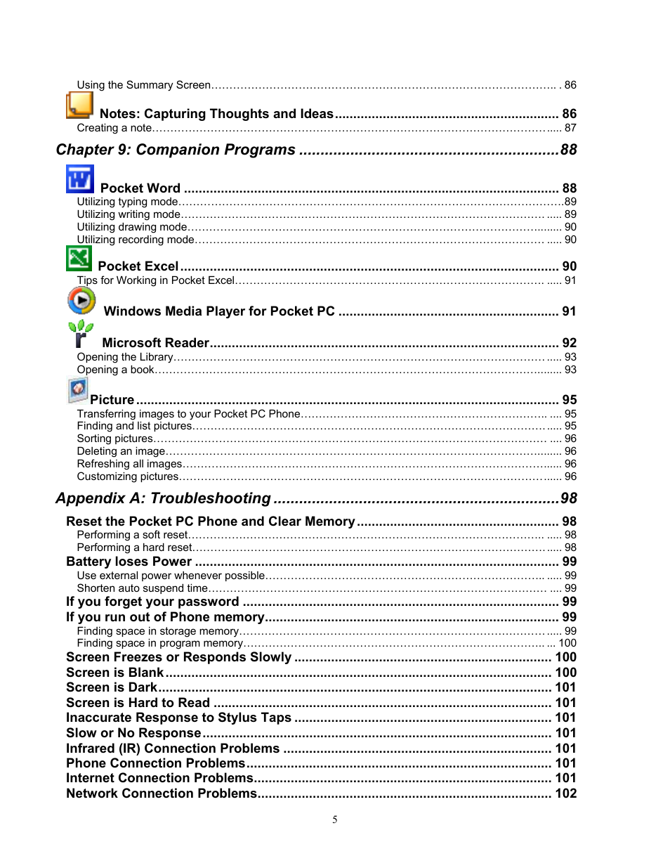 Chapter 9: companion programs, Appendix a: troubleshooting | Audiovox Pocket PC Phone User Manual | Page 5 / 113