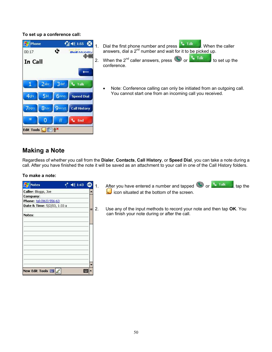 To set up a conference call, Making a note, To make a note | Setting up conference calling | Audiovox Pocket PC Phone User Manual | Page 50 / 113