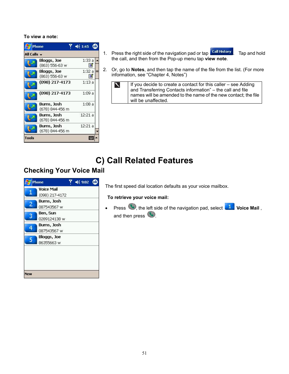 To view a note, C) call related features, Checking your voice mail | To retrieve your voice mail, Viewing a note, Retrieving your voice mail | Audiovox Pocket PC Phone User Manual | Page 51 / 113