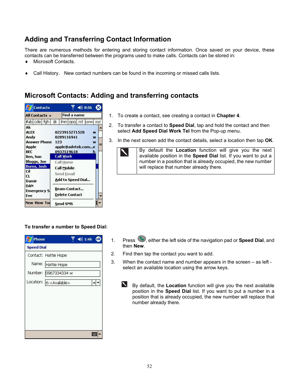 Adding and transferring contact information, To transfer a number to speed dial, Transferring a number to speed dial | Audiovox Pocket PC Phone User Manual | Page 52 / 113