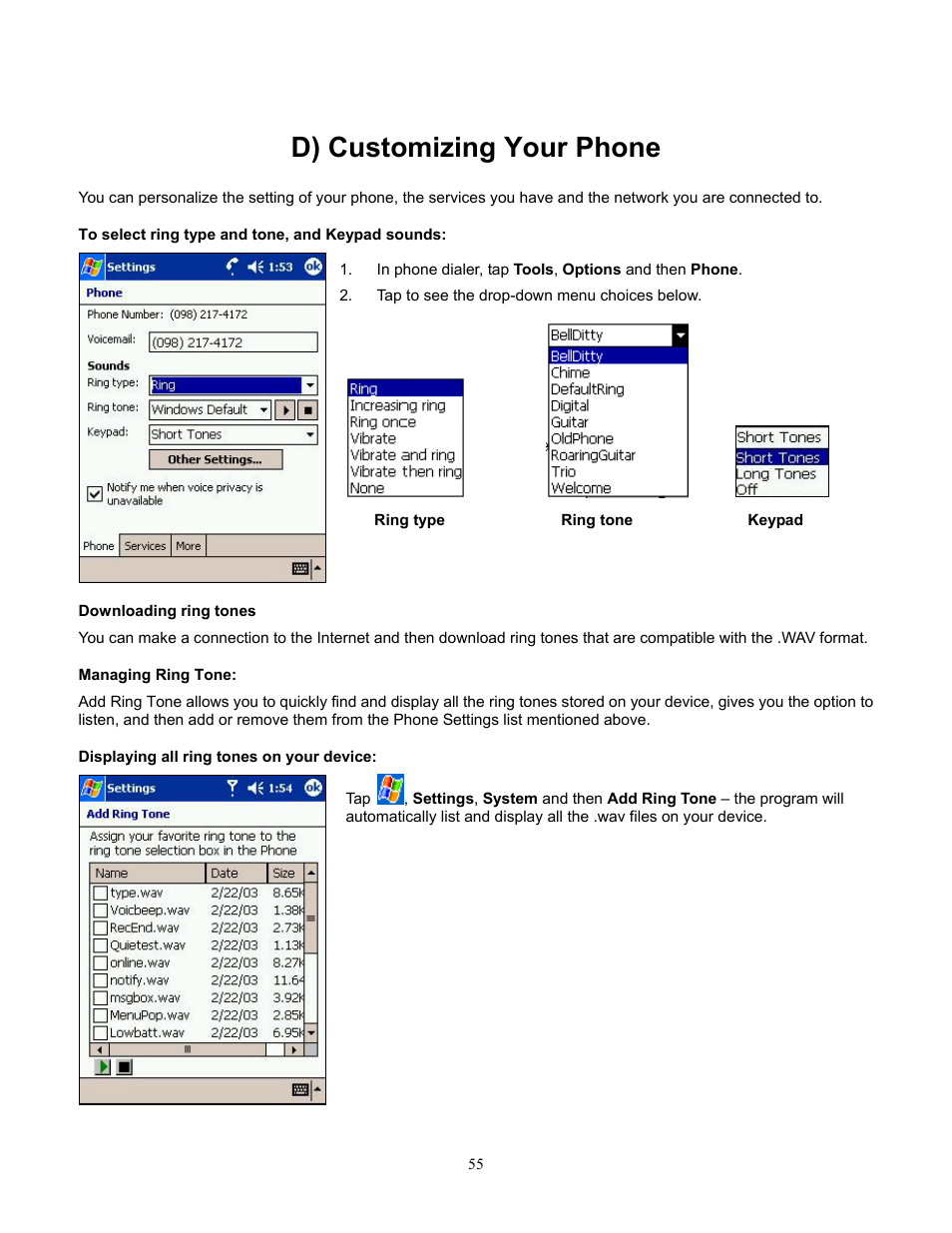 D) customizing your phone, To select ring type and tone, and keypad sounds, Downloading ring tones | Managing ring tone, Displaying all ring tones on your device, Selecting ring type and tone, and keypad sounds, Managing ring tones | Audiovox Pocket PC Phone User Manual | Page 55 / 113