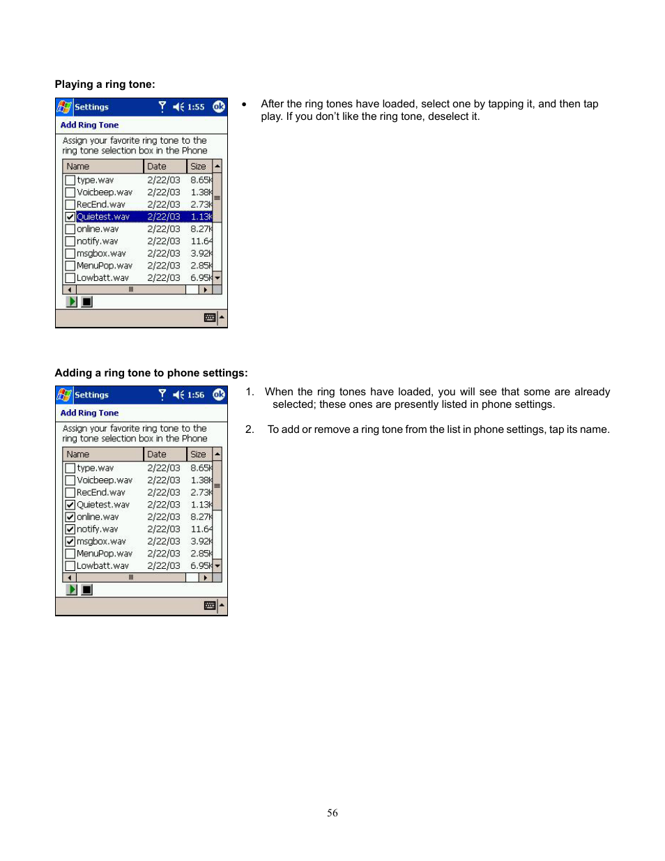 Playing a ring tone, Adding a ring tone to phone settings | Audiovox Pocket PC Phone User Manual | Page 56 / 113