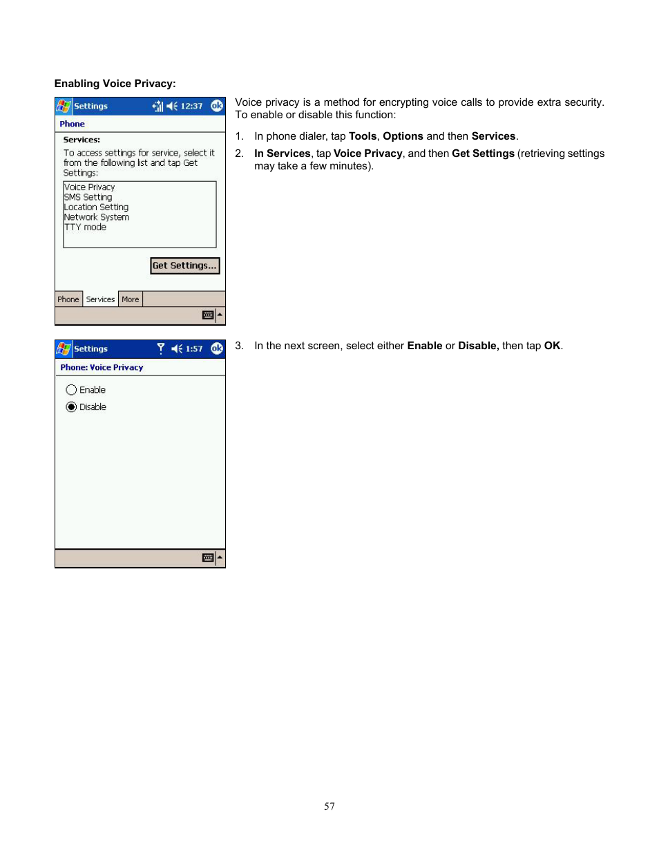 Enabling voice privacy | Audiovox Pocket PC Phone User Manual | Page 57 / 113